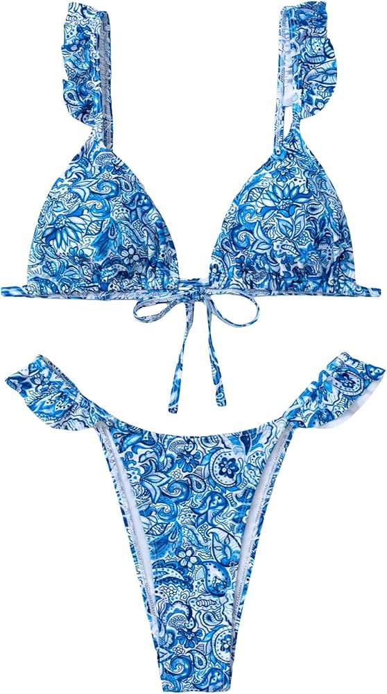 SHENHE Women's 2 Piece Ruffle Swimsuits Triangle Tie Back Paisley Print Thong Bikini Set | Amazon (US)