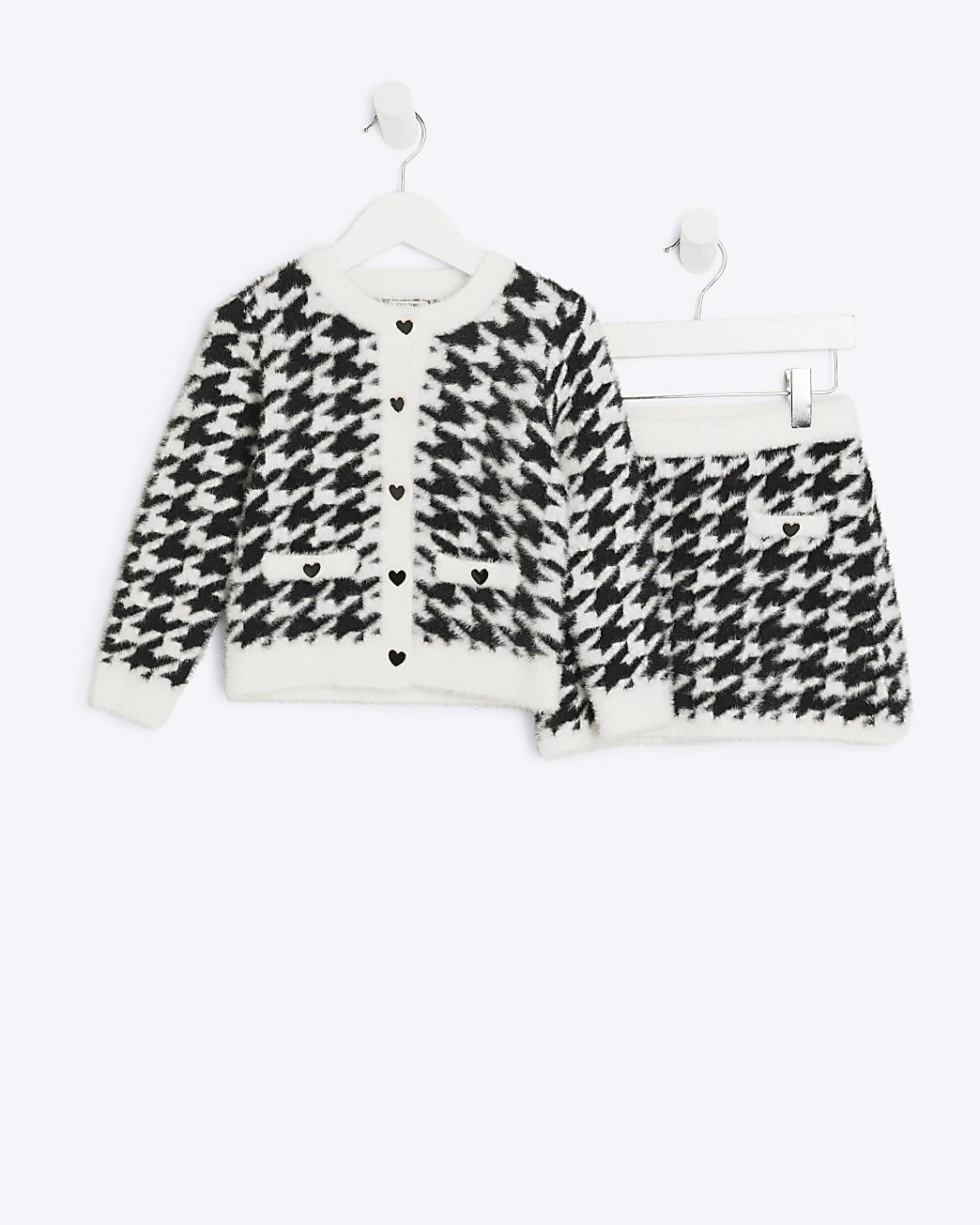 Mini girls black fluffy dogtooth cardigan set | River Island UK & IE