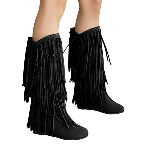 boseucn Stiefeletten Damen, Damen Kniestiefel Fransen Cowboy-Stiefel Fransen Klassischer Halbhohe Stiefel Mit Blockabsatz Vintage Spitz Stiefel Wildleder Kniehohe Booties Stiefel | Amazon (DE)