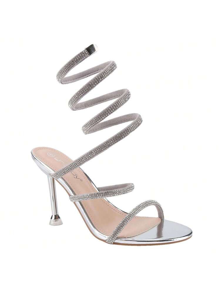 ILLUDE Women's Rhinestone Spiral Ankle Wrap Strap High Heels Sandals | SHEIN