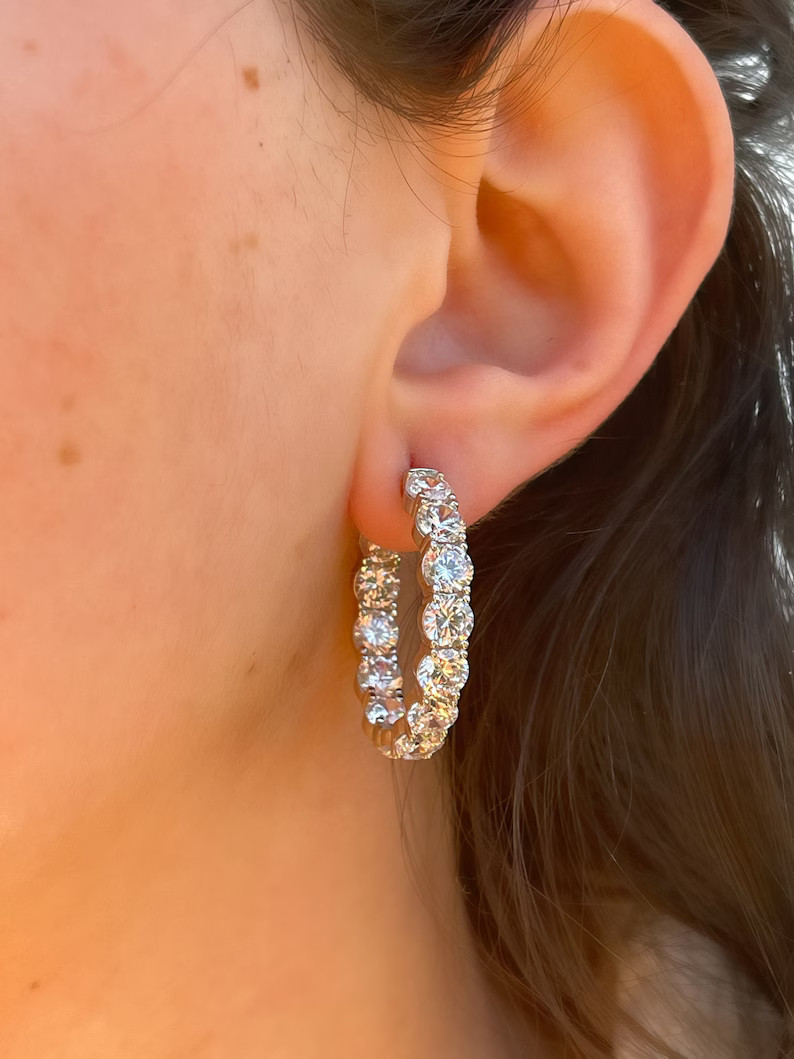 Round Brilliant Cut Diamond CZ Hoop Earrings Wedding Hoop Earrings Mothers Day Gift Crystal CZ Ho... | Etsy (US)