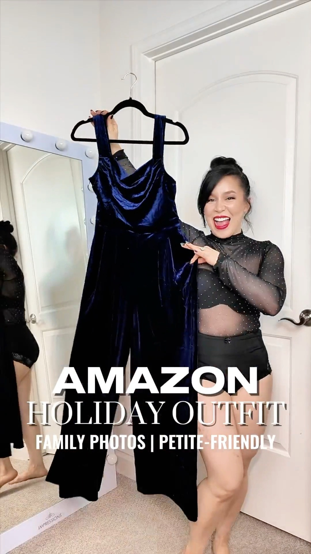 Holiday outfit inspo from AMAZON ✨🎄

This navy velvet jumpsuit is my new go-to for Christmas photos, holiday parties, and winter events. I layered it with a sparkly black mesh top and added rhinestone accessories for extra glam — the sparkly pointed-toe heels, Amazon pearl necklace, and a silver Cult Gaia dupe bag (such a good designer lookalike).

Finished the look with Urban Decay Lip Bond in Unbreakable, the perfect true red lip that lasts all night.

Linking all outfit details + similar velvet jumpsuits, sparkly tops, holiday heels, and affordable Amazon accessories.

✔️ Navy velvet jumpsuit (wearing size small)
✔️ Sparkly black mesh top (wearing size small, but I wish I’d sized down)
✔️ Sparkly pointed-toe heels (true to size)
✔️ Amazon pearl necklace
✔️ Rhinestone belt
✔️ Silver Cult Gaia–style purse (Amazon dupe)
✔️ Urban Decay Lip Bond in Unbreakable — the perfect true red and it does. not. budge.

✅ Follow for more affordable fashion, outfit ideas, and petite styling tips 💃✨

#outfitinspo #outfitidea #ootd #holidayoutfits
affordable clothes, petite outfit ideas, holiday outfit, holiday ootd, what to wear to family photos, christmas outfit under $50, amazon dupes 

#LTKHoliday #LTKPetite #LTKFindsUnder50