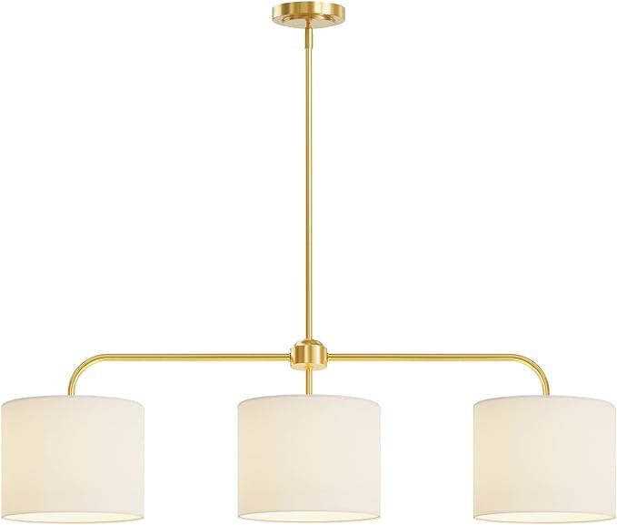 3-Light White Linen Drum Shade Chandelier with Polished Gold Metal Linear Pendant Light Fixture f... | Amazon (US)