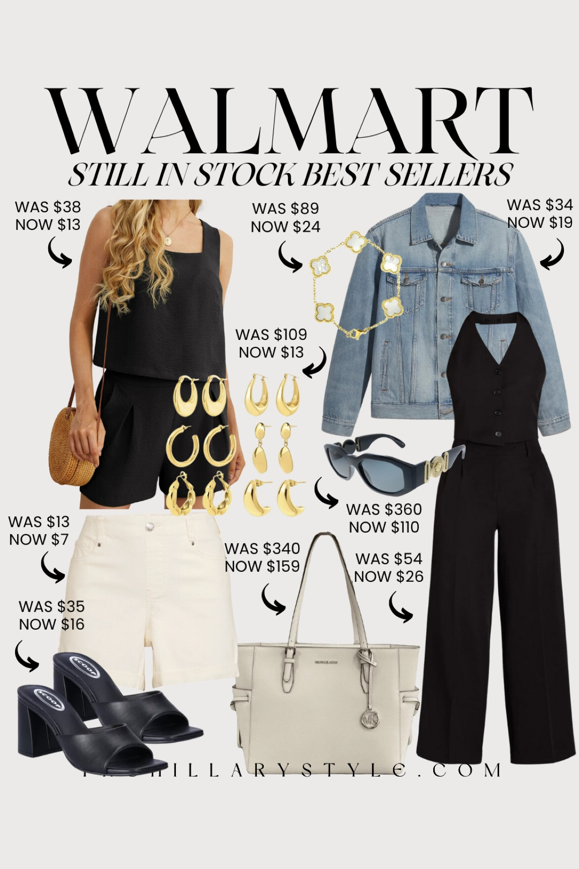 WALMART Summer SALE: Women’s fashion. Denim jean jacket, vest set, linen set, white jean shorts, chunky heel sandal, Michael Kors handbag, earring set, bracelet, Versace sunglasses. 

#LTKSummerSales #LTKStyleTip #LTKSaleAlert
