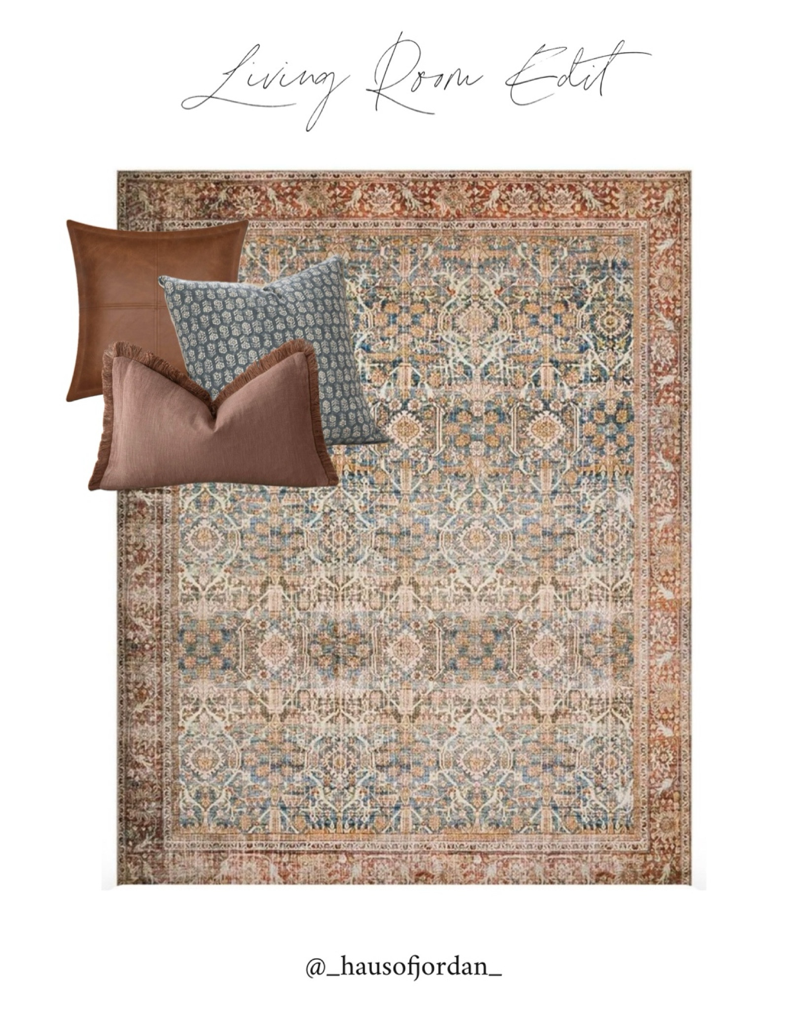 Client living room edit. 🤎
Shopping List:
-Rug-7’6”X9’6” QTY 1
-Rug Pad-8X10 QTY 1
-Leather Pillow Cover 22X22-QTY 3
-Blue Block Print Pillow Cover 20X20 QTY 3
-Rust Fringe Pillow Cover 12X20 QTY 2
-Pillow Covers-1 set of 12X20, 2 sets of 22X22, 2 sets of 20X20 (will have two extra to use elsewhere!)
