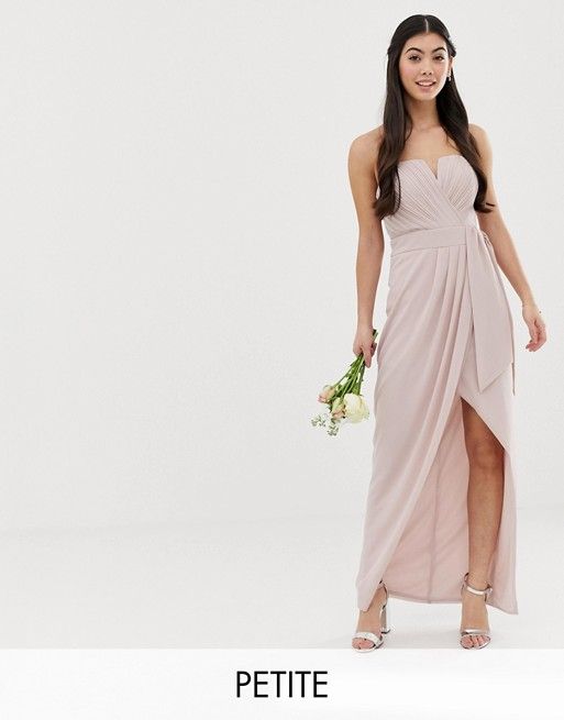 TFNC Petite bridesmaid exclusive bandeau wrap midaxi dress with pleated detail in taupe | ASOS UK