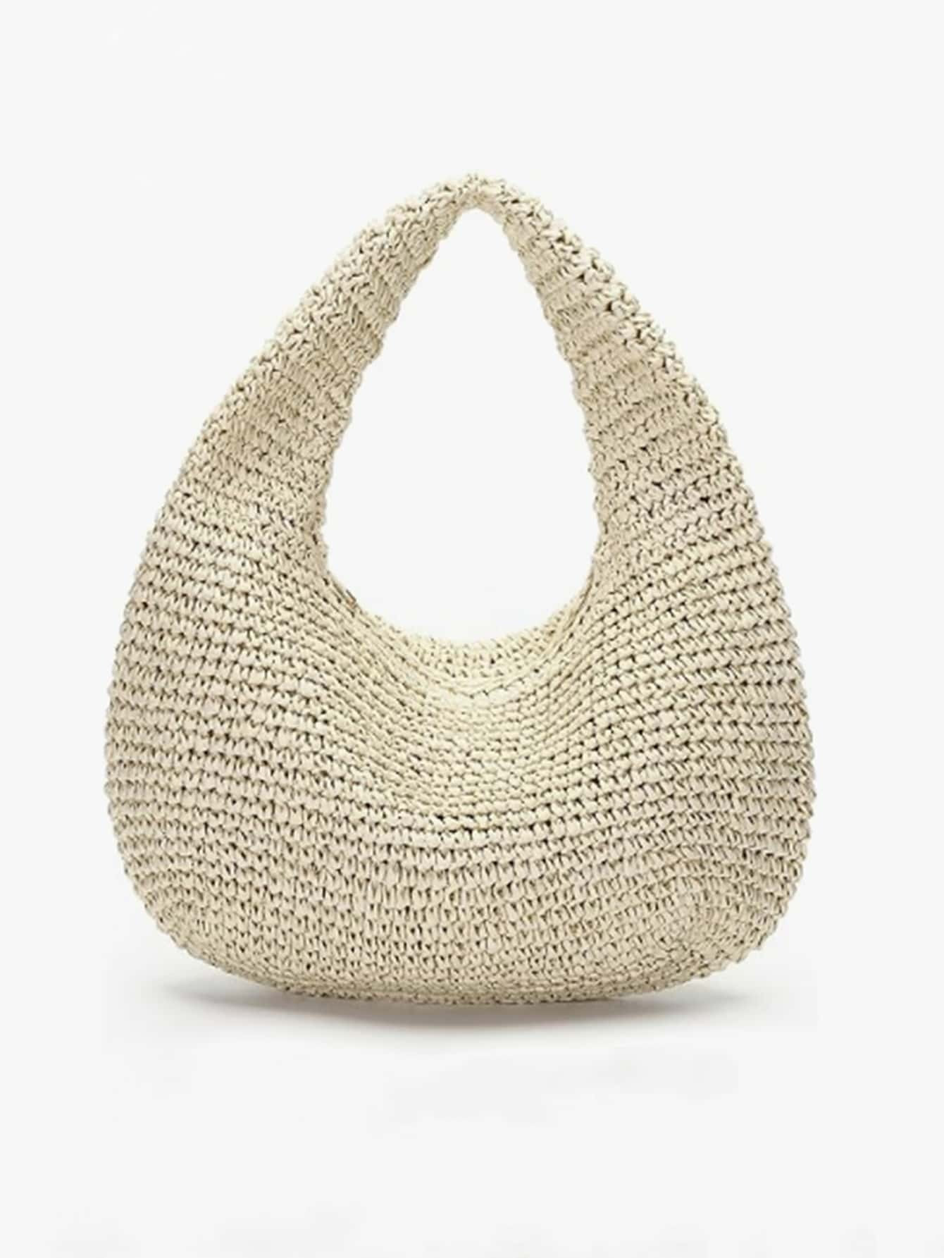 Beige Women's Handmade Shoulder Bag, Summer Beach Hobo Raffia Woven Armpit Bag Moon-Shaped Handbag, Perfect For Beach Vacation, Travel, Shopping, And Vacation Essentials | SHEIN