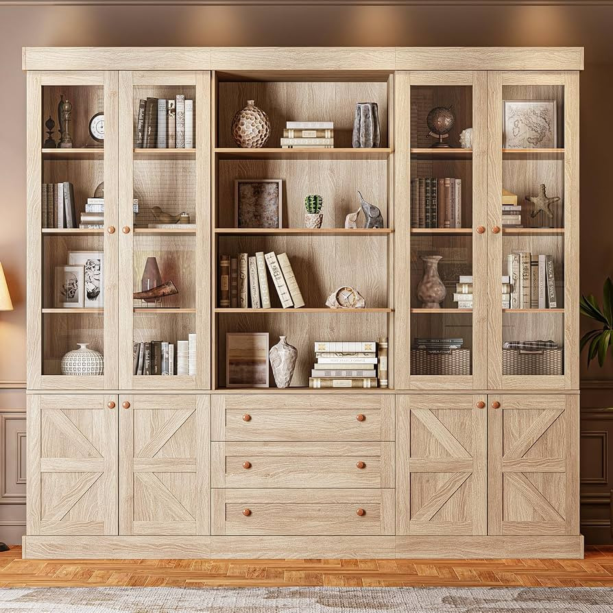 Vyre 71" Tall Farmhouse Bookshelves with Glass Doors and Drawers, Set of 3 \u2013 Large Modular B... | Amazon (US)