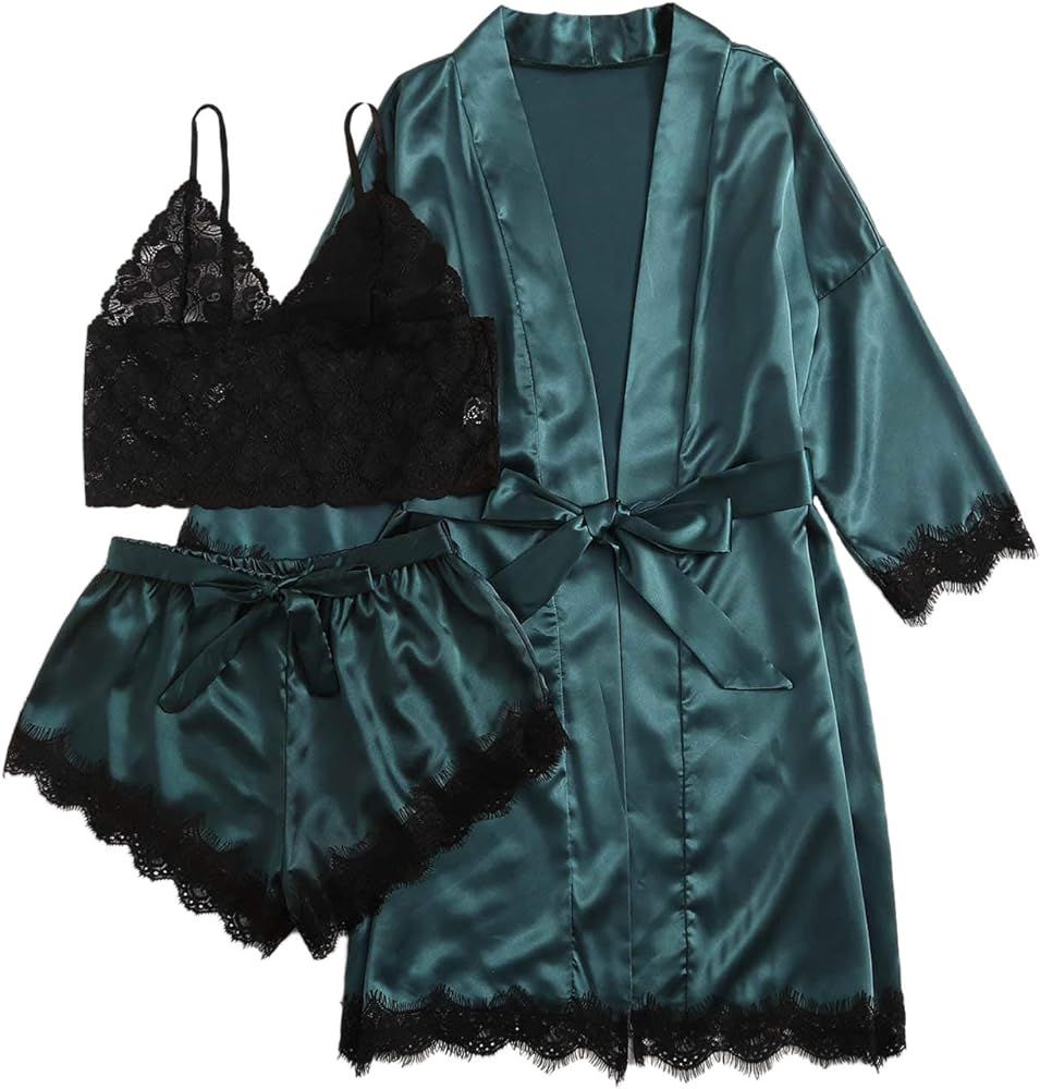 DIDK Women's Lace 3 Piece Satin Robe and Pajama Set with Robe Camisole Sleep Shorts | Amazon (US)