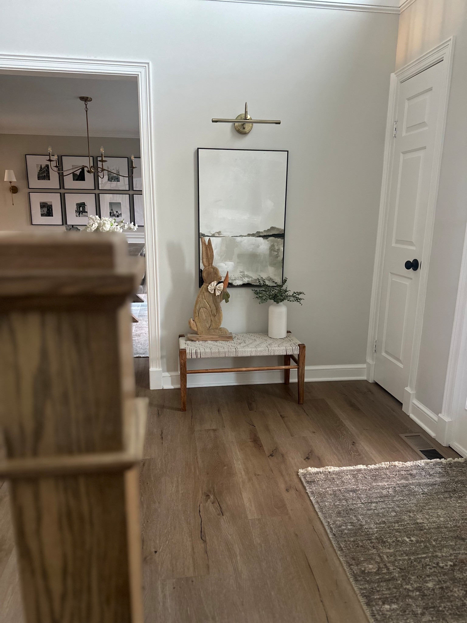 My foyer entryway with a spring touch…the cutest wood bunny profile 🐇 The one I have is from Home Goods, but I linked a similar option.  I love spring decor🌷
