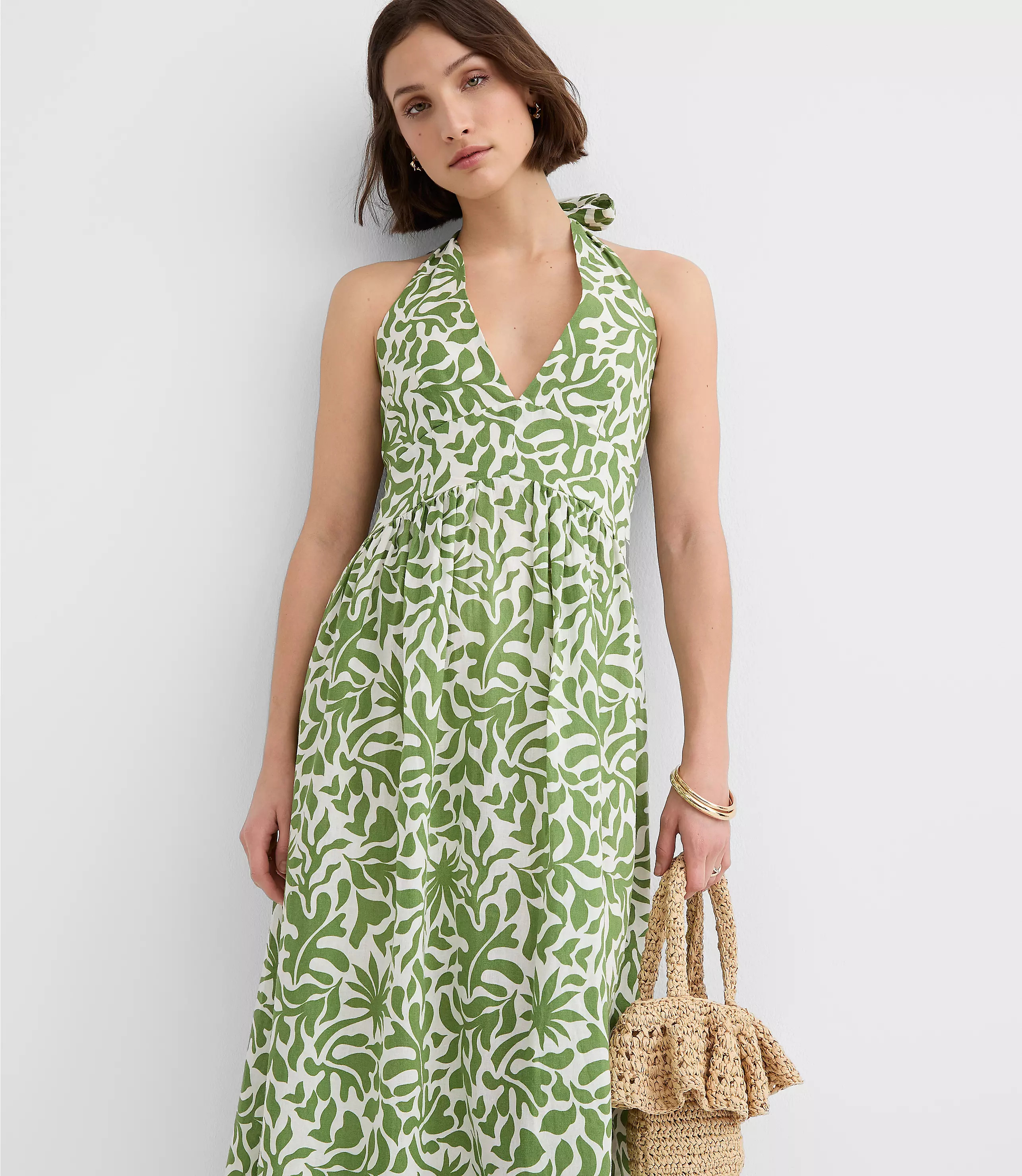 Petite LOFT Beach Palm Linen Cotton Halter Maxi Dress | LOFT