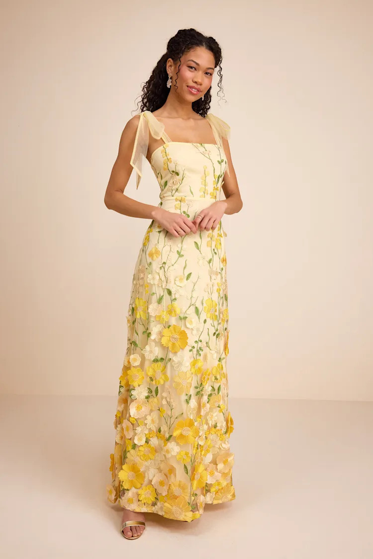 Thriving Poise Yellow 3D Floral Embroidered Tie-Strap Maxi Dress | Lulus