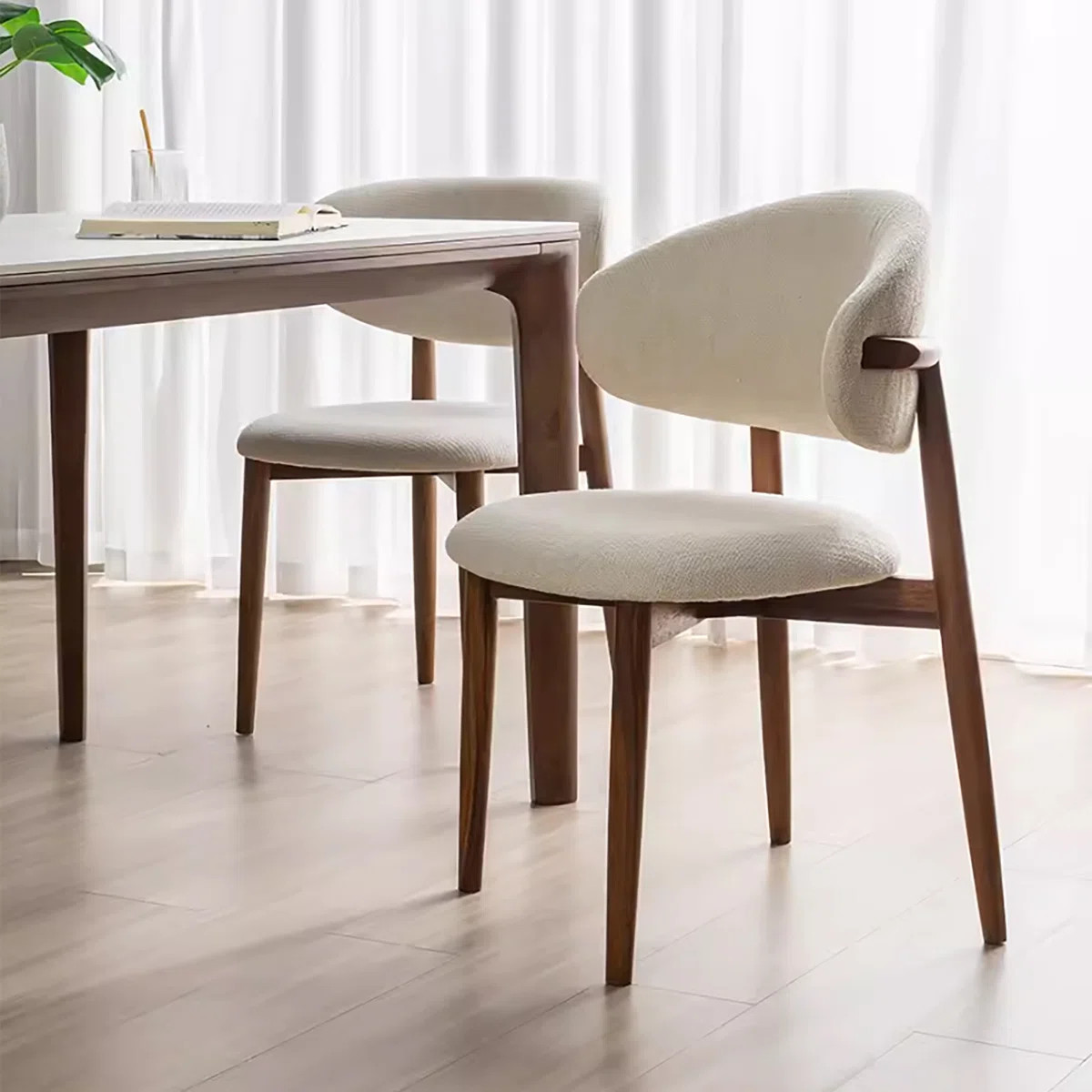 Mid-Century Fully Assembled Dining Chairs, Brown Solid Wood Legs, Beige Kitchen Chairs for Dining... | Wayfair North America