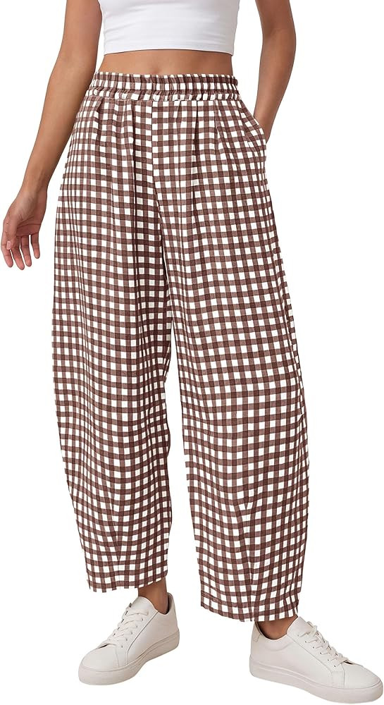 PRETTYGARDEN Plaid Barrel Pants Women Summer 2026 Casual Loose Wide Leg Lounge Gingham Trousers S... | Amazon (US)
