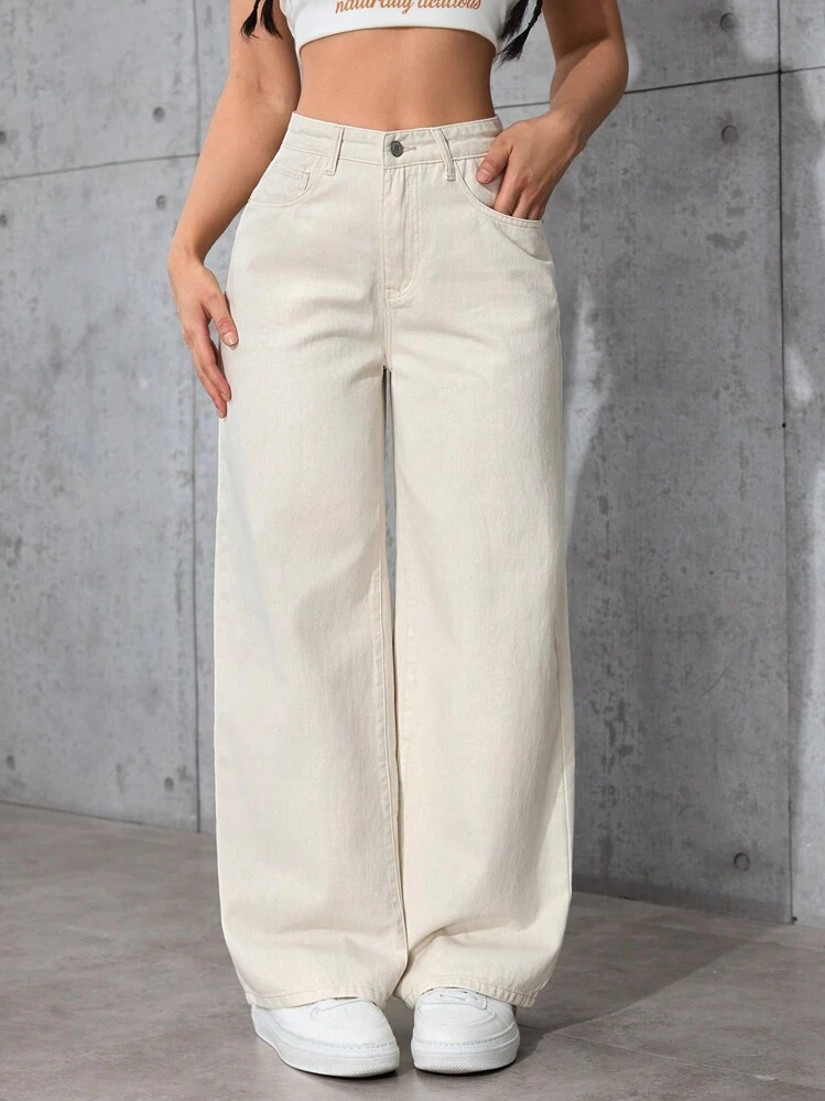SHEIN PETITE Casual Classic Solid Color Loose Straight Leg Jeans | SHEIN
