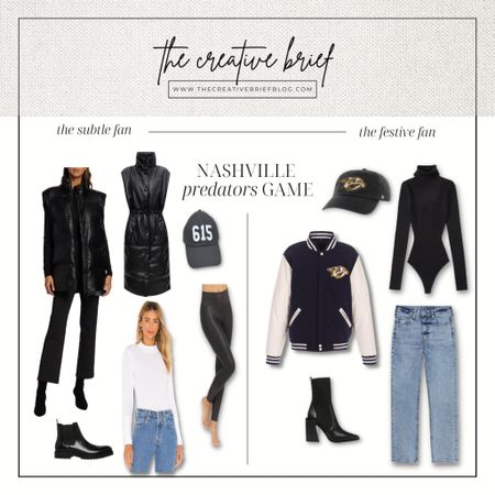 What to wear to a preds game: let me style you 

Hockey game outfit, puffer vest, long sleeve bodysuit, hockey hat, chelsea boots, 615 hat, letterman jacket, faux leather leggings, hockey outfit 

#LTKFind #LTKunder100 #LTKstyletip