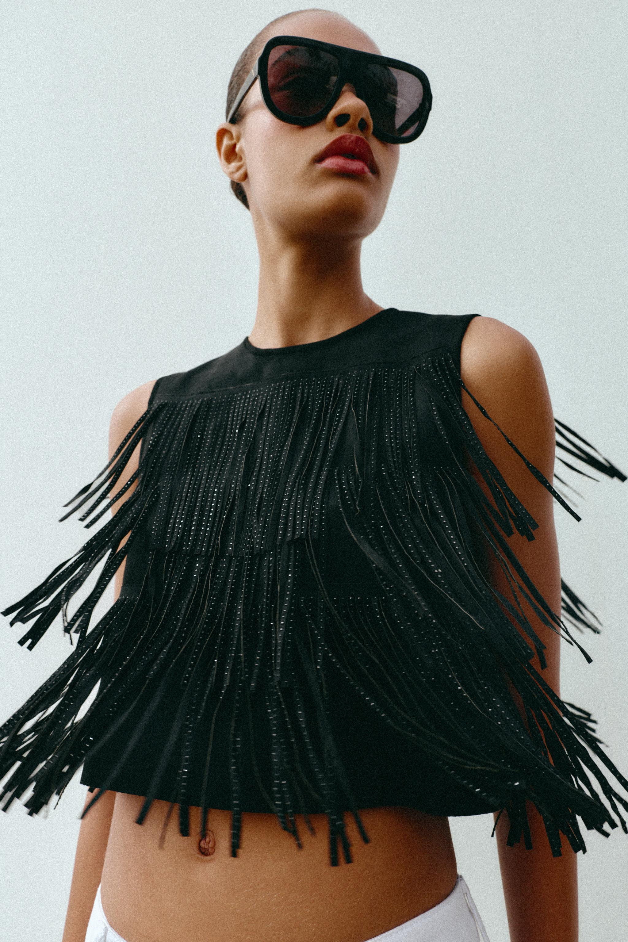 STUDDED FAUX SUEDE FRINGE TOP | Zara US