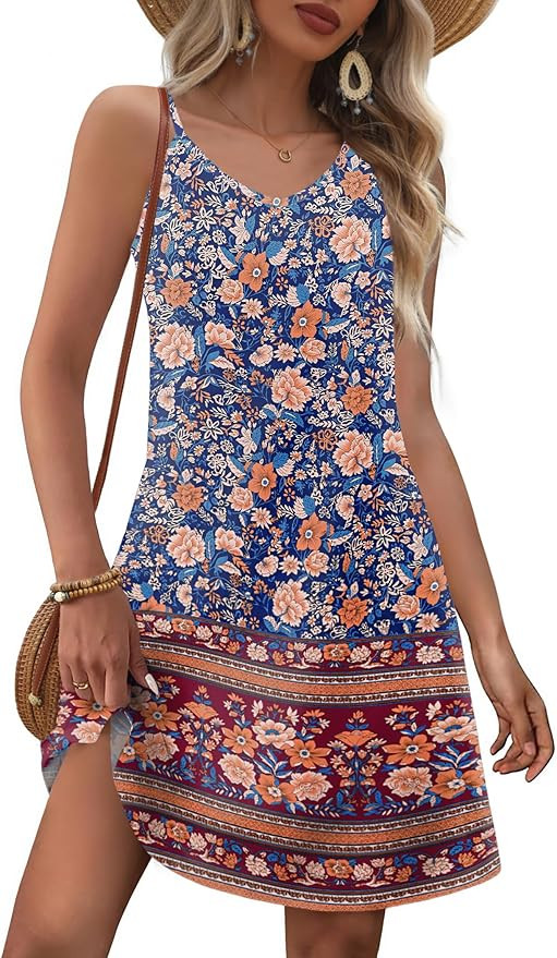 Zeagoo Womens Summer Dress 2025 Loose Sleeveless Tshirt Dress V Neck Mini Dress Beach Sundress wi... | Amazon (US)