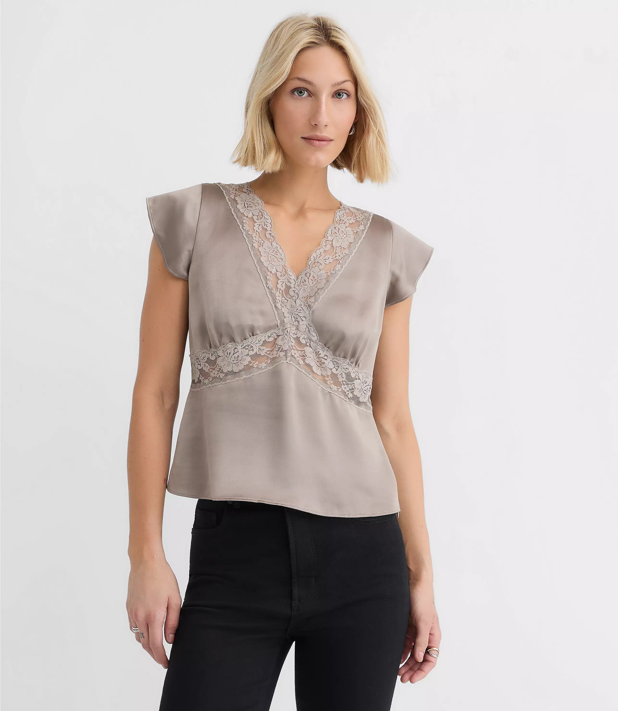 Floral Lace Satin V-Neck Top | LOFT