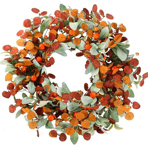 Sggvecsy Fall Wreath 21’’Artificial Autumn Front Door Wreath with Small Pumpkins Silk Eucalyptus Leaves Flocked Lambs Ear for Outside Indoor Wall Window Festival Thanksgiving Harvest Fall Decor | Amazon (US)