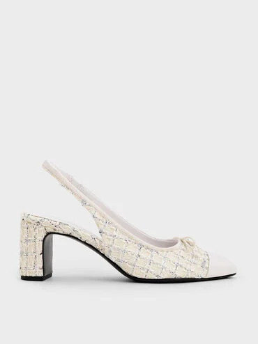 Multicoloured Tweed Bow Cap-Toe Slingback Pumps | CHARLES & KEITH UK | Charles & Keith UK