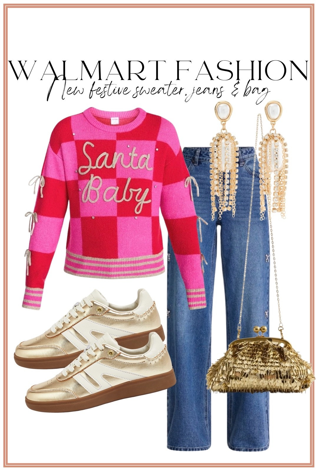 Okayyy Walmart is already bringing out the FUN festive fashion! 🎄💗 This new “Santa Baby” sweater with the pink and red checkerboard print + bow details is TOO CUTE! Paired it with embellished jeans, metallic gold sneakers, statement earrings and the cutest gold bag for a festive look that’s fun without being overly dressy. ✨ These Walmart holiday fashion finds are going to go FAST!

#WalmartFashion #WalmartFinds #WalmartNewArrivals #WalmartHolidayFashion #WalmartChristmas #ChristmasSweater #HolidayOutfit #FestiveFashion #ChristmasOutfit #AffordableFashion #WalmartStyle #WalmartFashionFinds

#LTKootd #LTKPetite