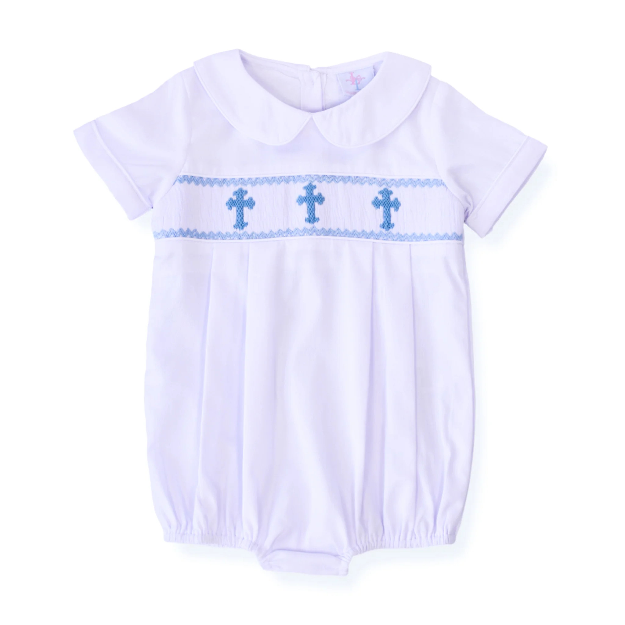 Smocked Cross Boy Bubble in White | Lillie & Lilah