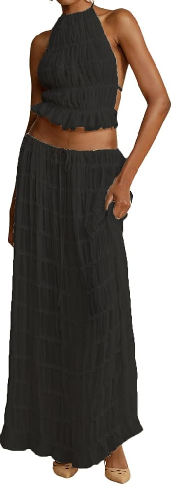 Womens Y2k Maxi Skirt Set Backless Lace Halter Crop Top and Long Skirt Sets Beach Cocktail Club D... | Amazon (US)