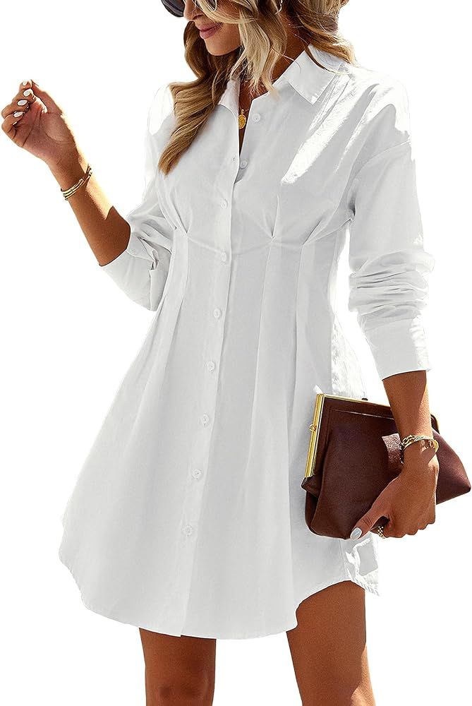 BROVAVE Women's Casual Plain Shirt Dress Long Sleeve Button Down Pleated Mini Dress | Amazon (US)
