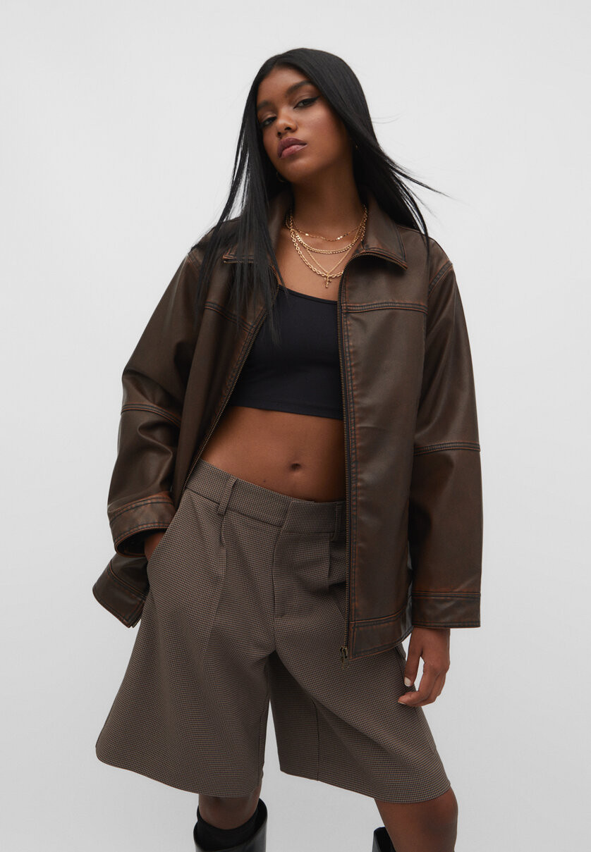 Oversize faux leather jacket - Women's fashion | Stradivarius United Kingdom | Stradivarius (UK)