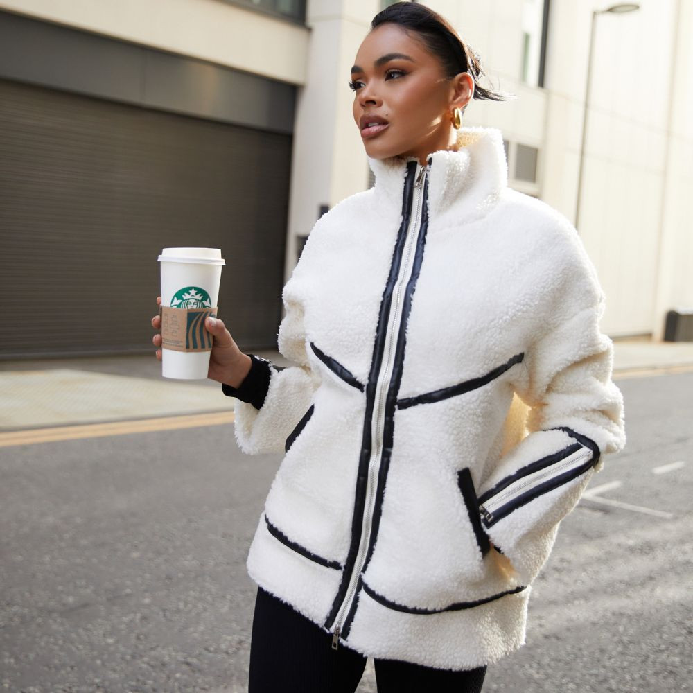 Contrast Black Piping Detail Oversized Borg Coat In Cream | EGO (UK)