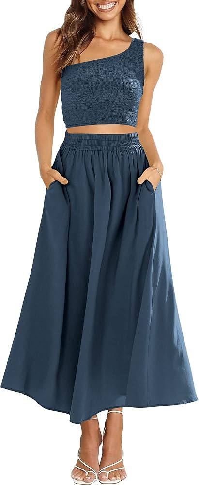 ANRABESS Women's 2 Pieces Outfits One Shoulder Smocked Crop Top & High Waist Long Skirt Dress Set... | Amazon (US)