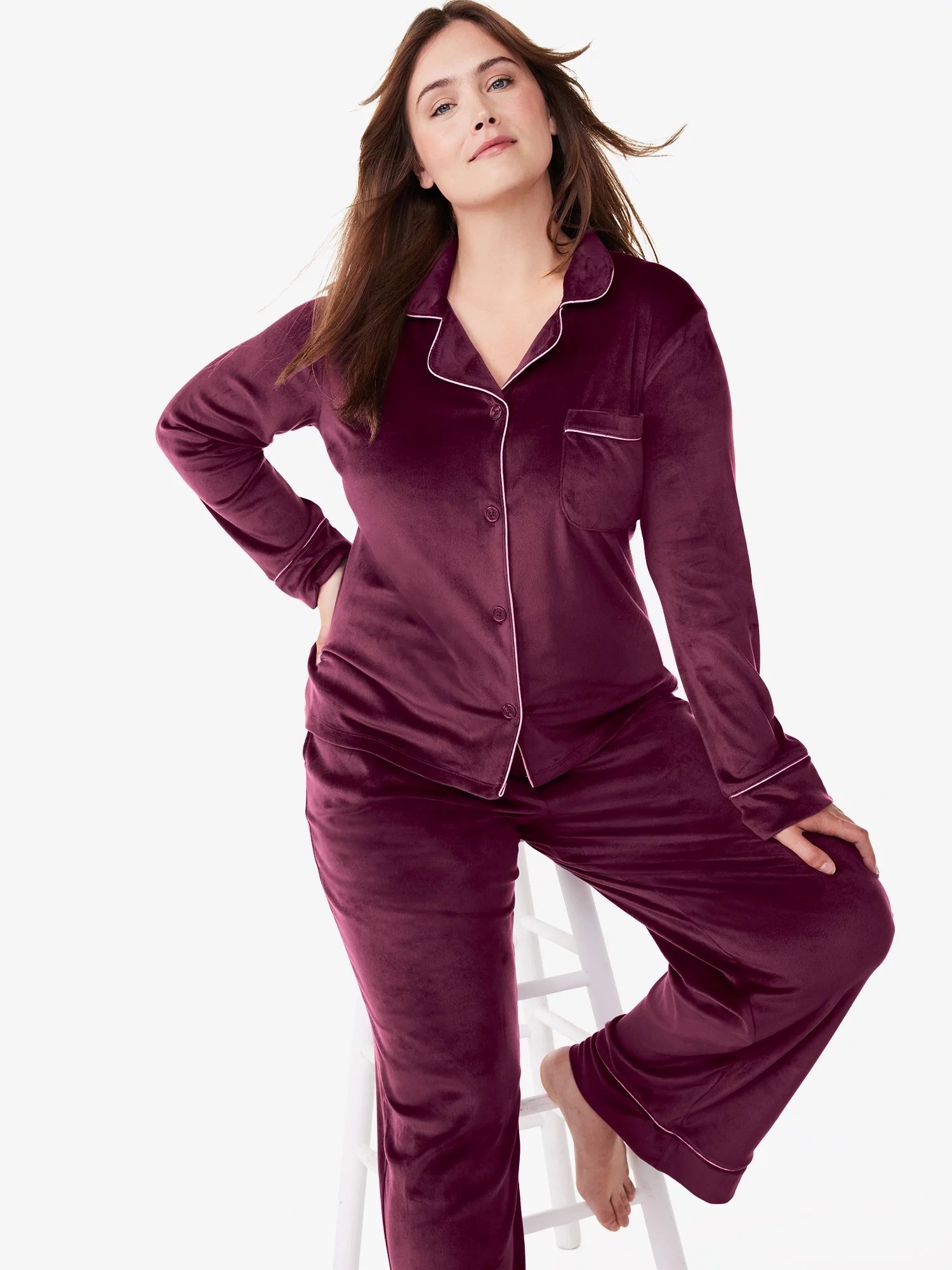 Joyspun Women’s Stretch Velour Notch Collar Top with Pants, 2-Piece Pajama Set, Sizes S to 3X -... | Walmart (US)