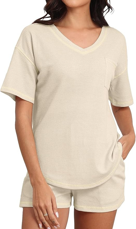 PrinStory Women's Waffle Knit Pajamas Set Short Sleeve Top and Shorts Matching Lounge Set Sweatsu... | Amazon (US)