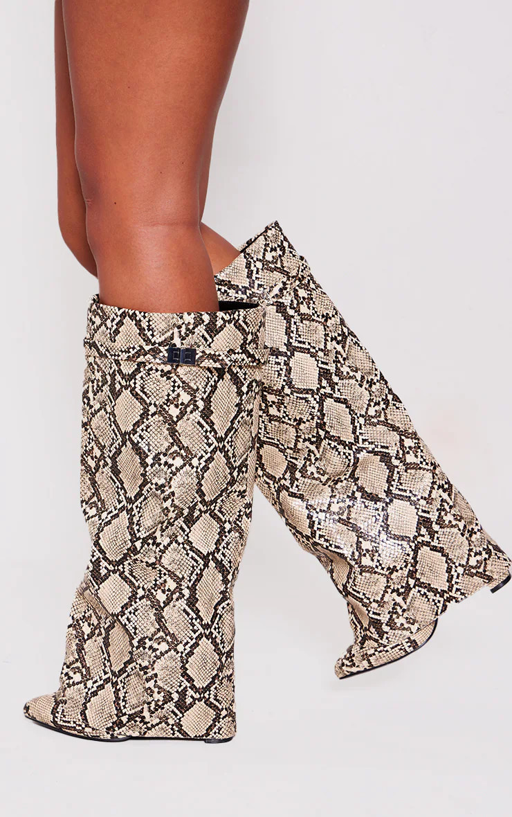 Snake Print PU Fold Over Knee Block Heeled Boots | PrettyLittleThing US