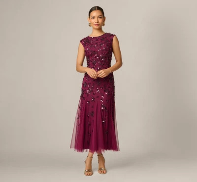 Petite Floral Beaded Ankle Length Gown In Bordeaux | Adrianna Papell