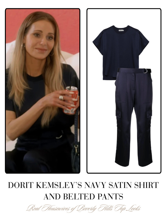 Dorit Kemsley's Navy Satin Shirt and Belted Pants 

 