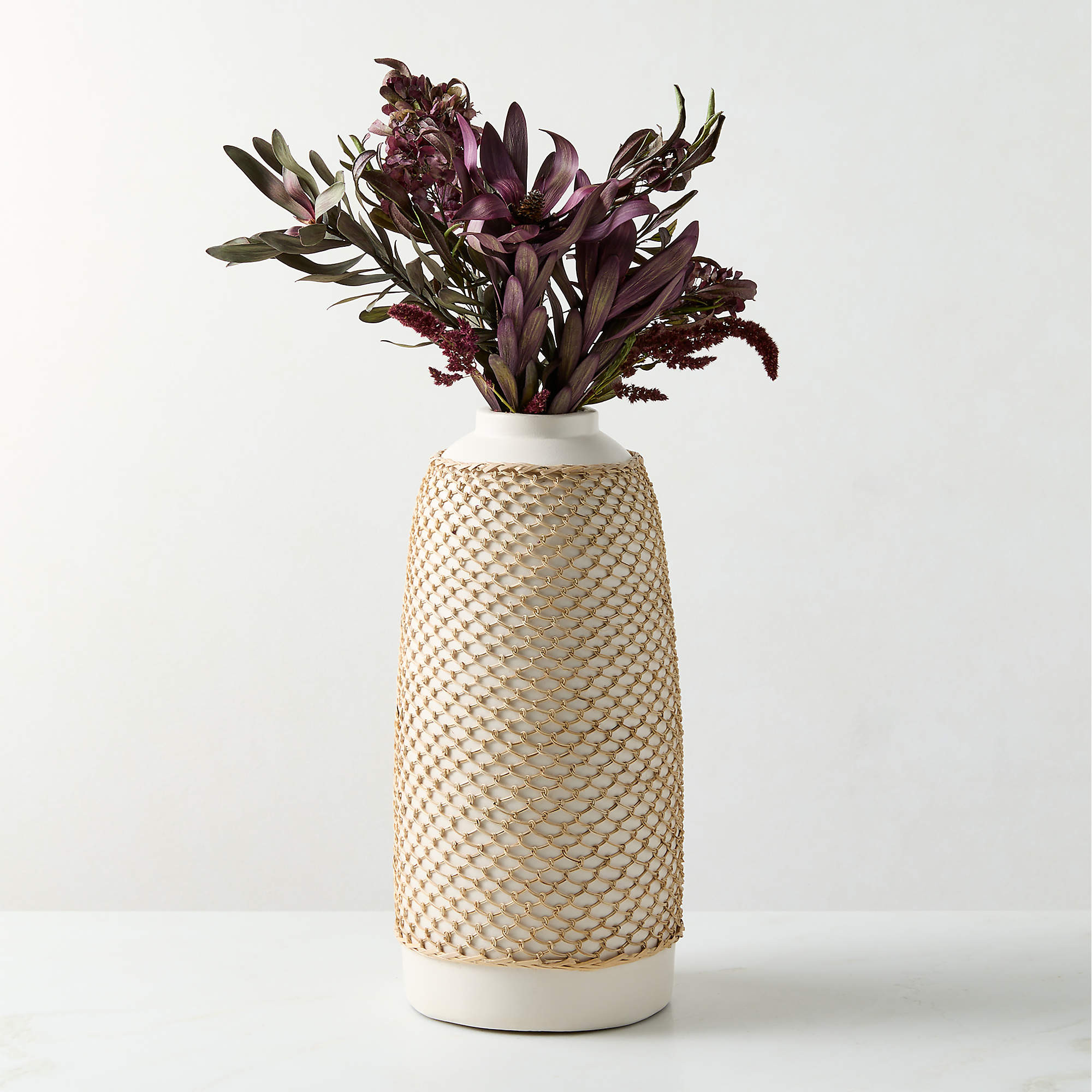 Rumi White Terracotta and Rattan Vase 14" | CB2 | CB2