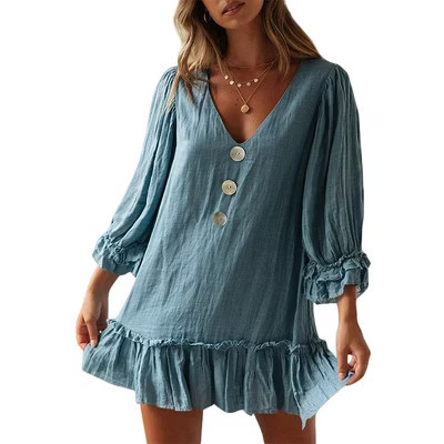 Clearlove Women's Ruffle Mini Dress V Neck Smocked Flowy Sundress Loose Linen Cuffed 3/4 Sleeve Dresses,Light Blue,S | Target