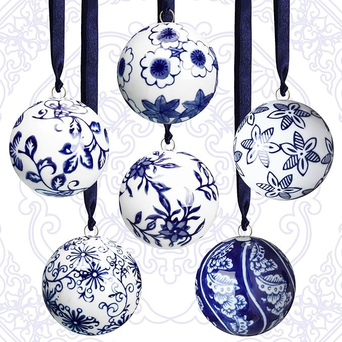 Cindeer 6 Pcs Blue and White Christmas Porcelain Balls 2.4 Inch Porcelain Chinoiserie Ornament Bu... | Amazon (US)