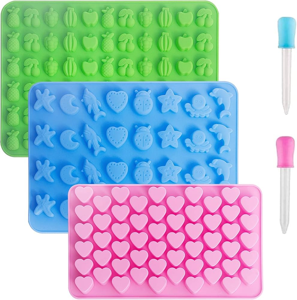 3 Pack Mini Silicone Gummy Candy Chocolate Molds Contains Small Hearts, Fruits, Marine Animal Shapes and 2 Droppers for Making Gummy, Candy, Chocolate and Small Ice Cubes | Amazon (US)