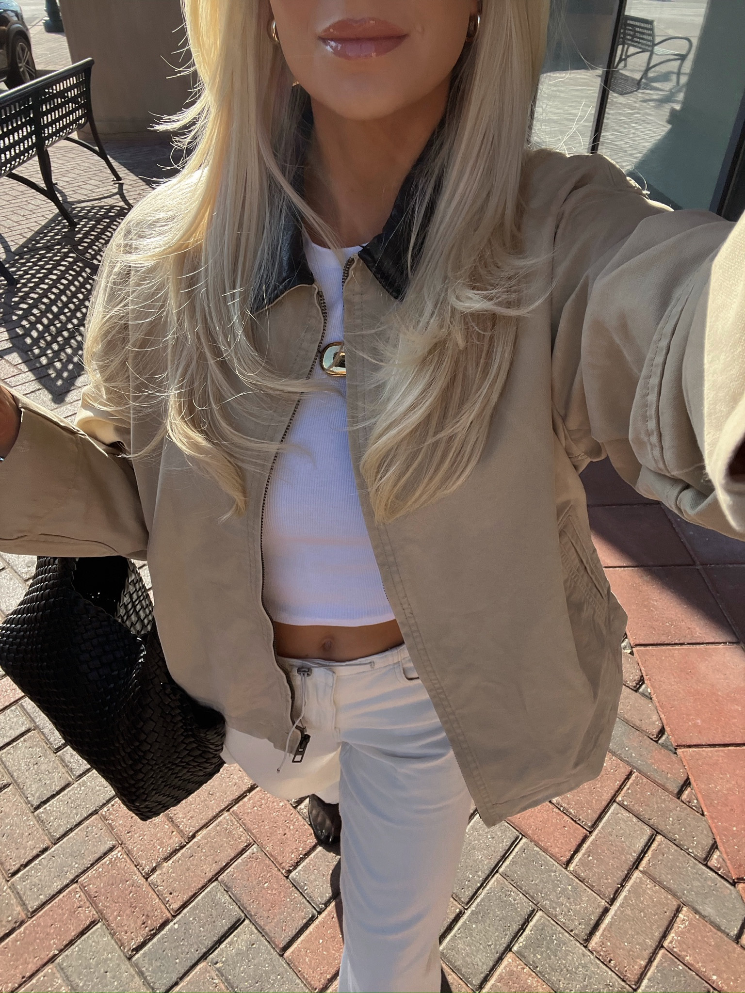 Fall Transitional Outfit 🍂 
Small in tee, medium in jacket, sized up one size to 27 in pants for a looser fit, true to size in shoes. Linked similar in all! Code kathleen15 for necklace!

#kathleenpost #fallfashion

#LTKStyleTip #LTKSeasonal