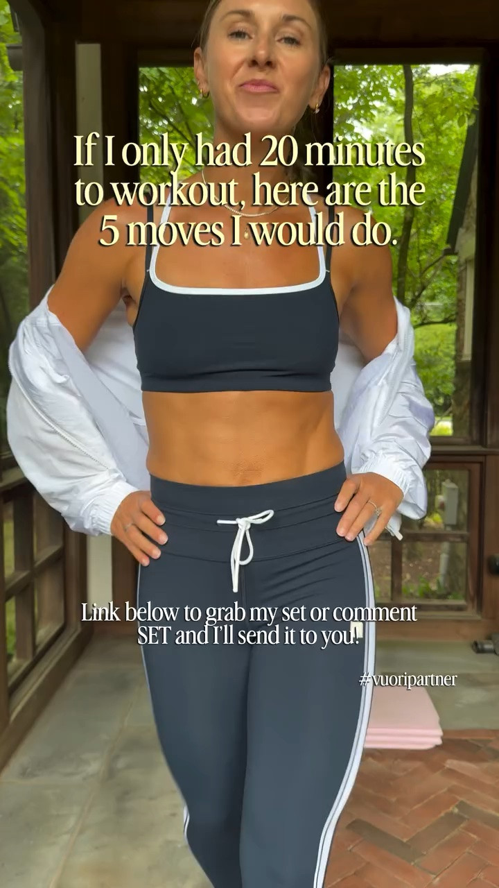 Bookmark and ❤️ this workout! Full Body in 20 minutes. 
Strength training a minimum 3x a week is a non negotiable. Feeling good while doing it? A bonus!!! 

I’m gushing over this new @Vuoriclothing Daily Collection set perfect for Nantucket, where we’re heading for the rest of the month this weekend. 

The Daily Track Legging is a fan favorite. The Daily Layered Bra is the most flattering I’ve tried on this year. The Court Full Zip brings it all together and is already almost sold out in white but still available in most sizes in black but not for long. 

Comment SET to and I’ll send you a link or grab the link below. #VuoriPartner #LTKActive #LTKmomlife #LTKOver40 #ltkfitness