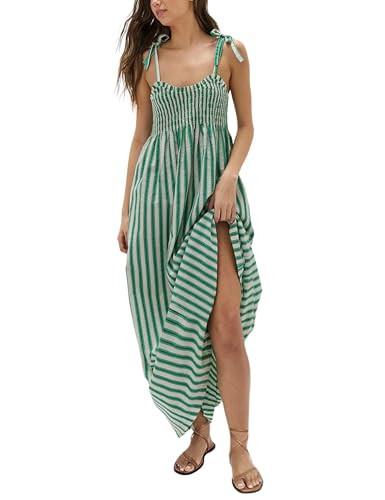 Lentta Women's Striped Smocked Maxi Dress Causal Spaghetti Strap Stretchy Flowy Swing Long Dress with Pockets(Green-S) | Amazon (US)