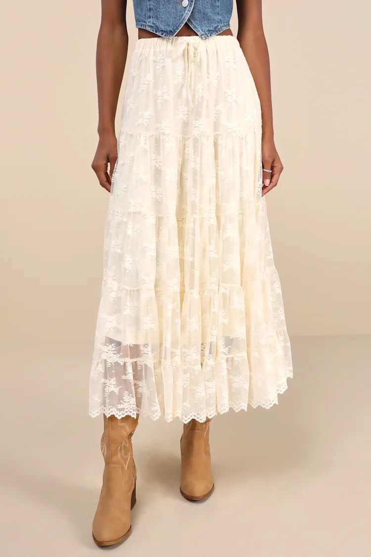 Exceptionally Graceful Cream Lace High-Rise Tiered Midi Skirt | Lulus