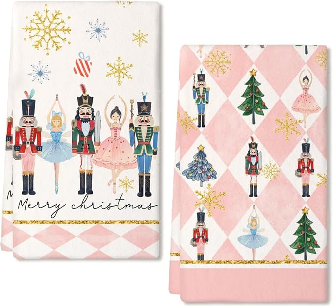 Nutcrackers Christmas Kitchen Towels Set of 2,Pink Snowflake Xmas Tree Dish Hand Towels Holiday H... | Amazon (US)