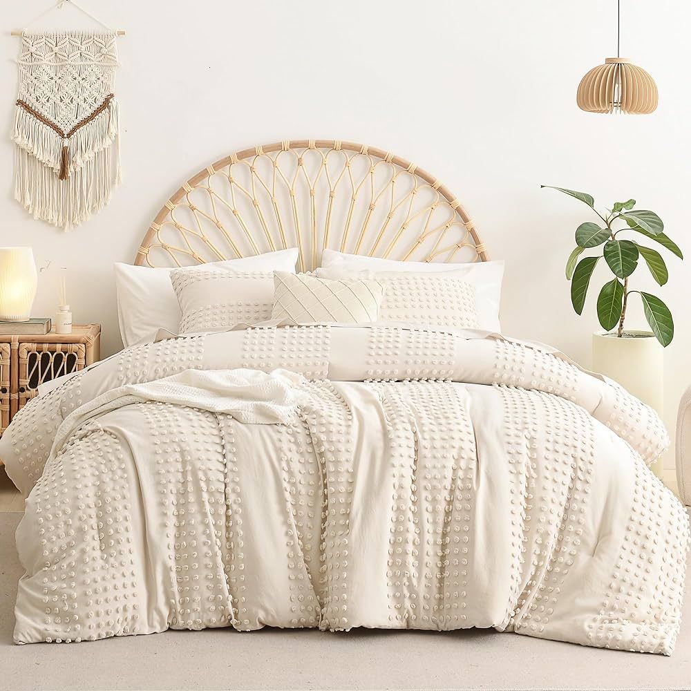 Litanika Beige Comforter King Size, Boho Tufted Comforter with Jacquard Pom Design, Dots Shabby C... | Amazon (US)