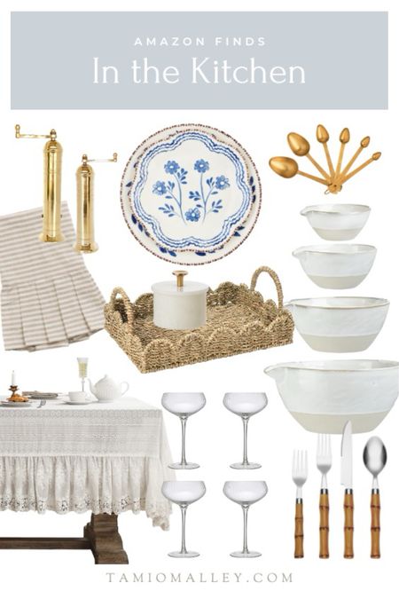 Amazon Finds | In the Kitchen, spring home, brass salt and pepper mills, ruffle tea towel, champagne coupes, bamboo utensils, nesting mixing bowls, creative coop, scallop tray, eyelet tablecloth, blue and white dishes, brass teaspoons

#LTKfindsunder100 #LTKhome #LTKSeasonal