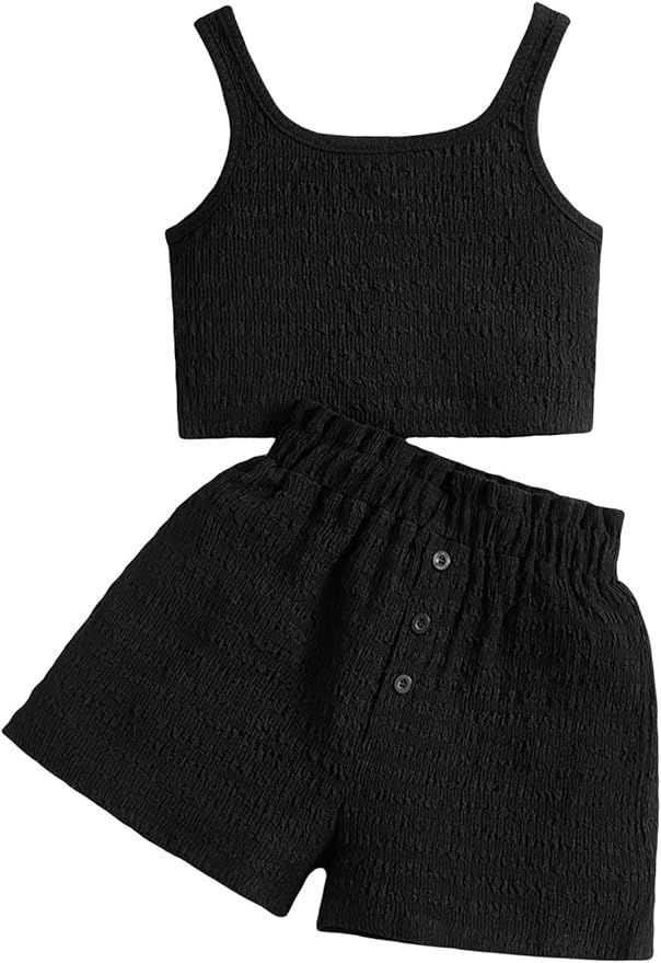 SHENHE Girl's Two Piece Outfits Sleeveless Button Front Crop Tank Top and Shorts Set | Amazon (US)