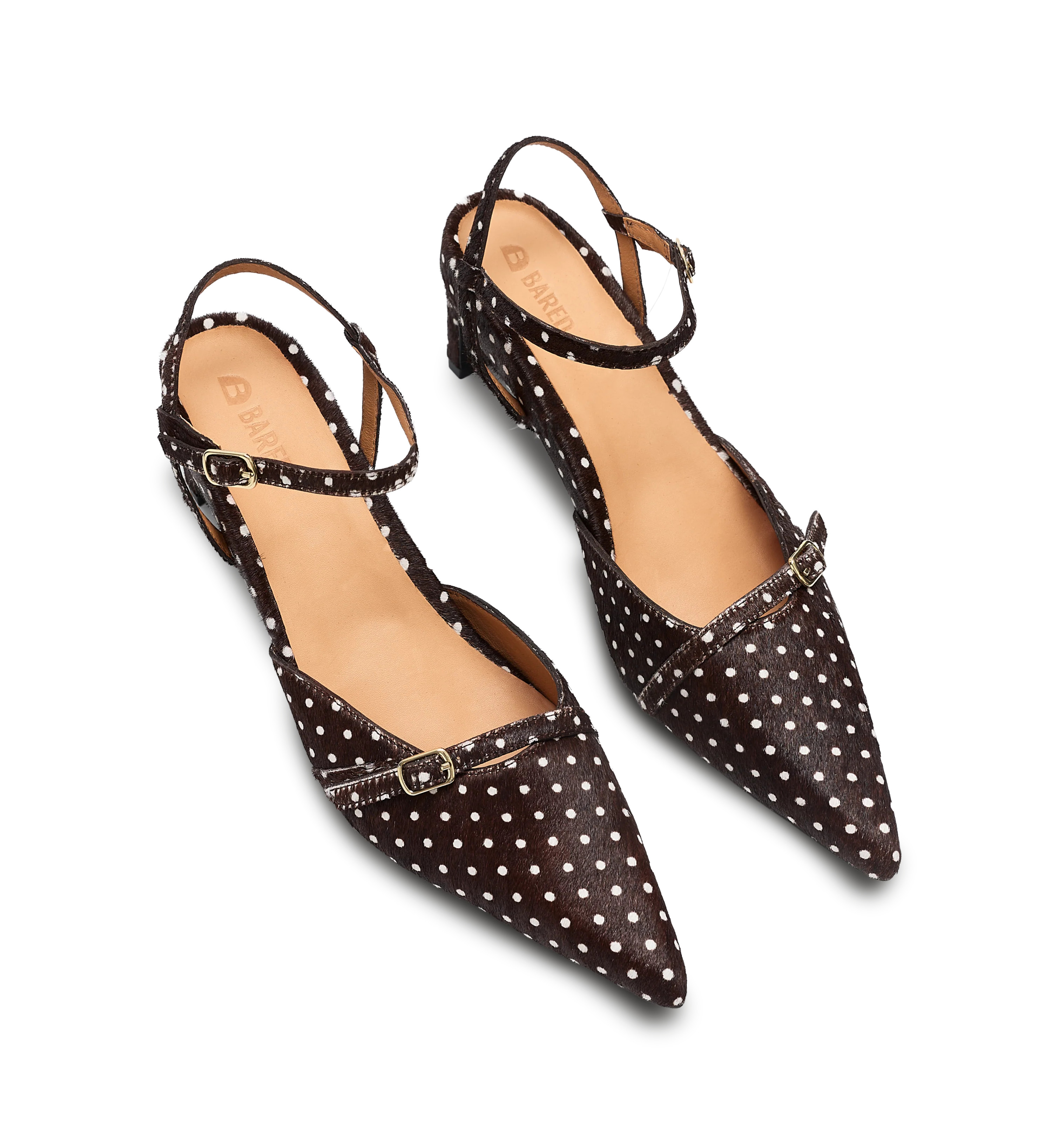 Sylph Chocolate Brown Polka Dot Calf Hair Low Heels | Bared Footwear | Bared Footwear